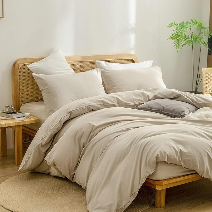 BESTOUCH Duvet Cover Set 100% Washed Cotton Linen Feel Super Soft Comfortable Chic Lightweight 3 PCs Home Bedding Set Solid Almond Milk Grey Alaska King