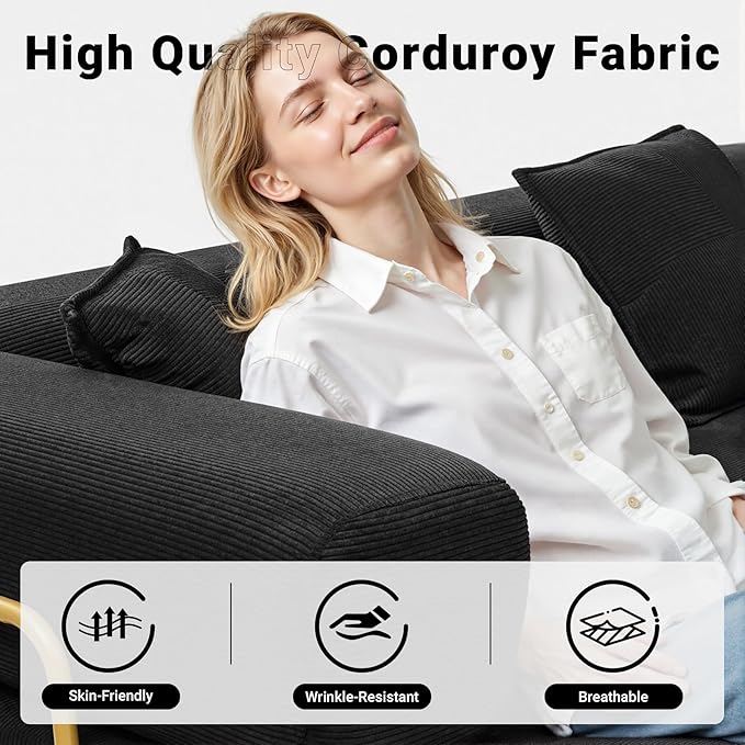 108" Oversized Convertible Sleeper Sofa Bed, Corduroy L Shape Sectional Couch, Folding Sofa Bed with Fixed-Shape Frame, Modern Cloud Floor Mattress Couch, Modular Sofa for Living Room,Black