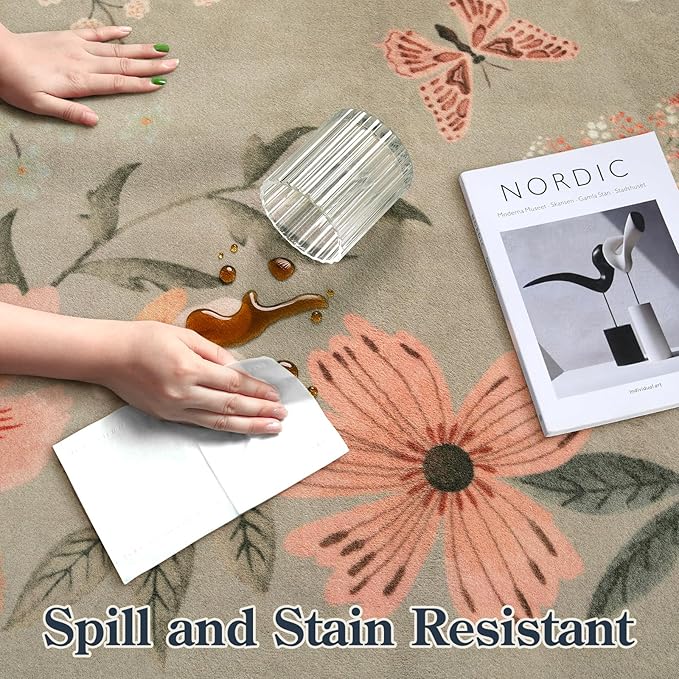Lahome Floral Washable Rugs for Living Room, 5x7 Area Rugs Soft Non-Slip Stain Resistant Boho Low-Pile Throw Large Carpet for ‎Bedroom Dining Room Office, Brown