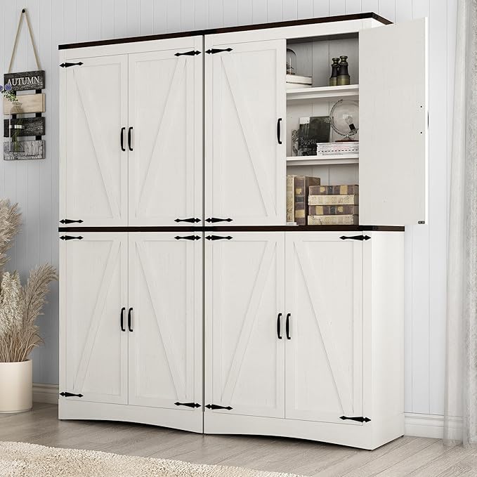 71" Tall Kitchen Pantry,Farmhouse Storage Cabinet with Adjustable Shelves,Load-Bearing Steel Pipe,Farmhouse Pantry Cabinet with 4 Barn Doors,for Kitchen,Dining Room,Living Room(Rustic White)