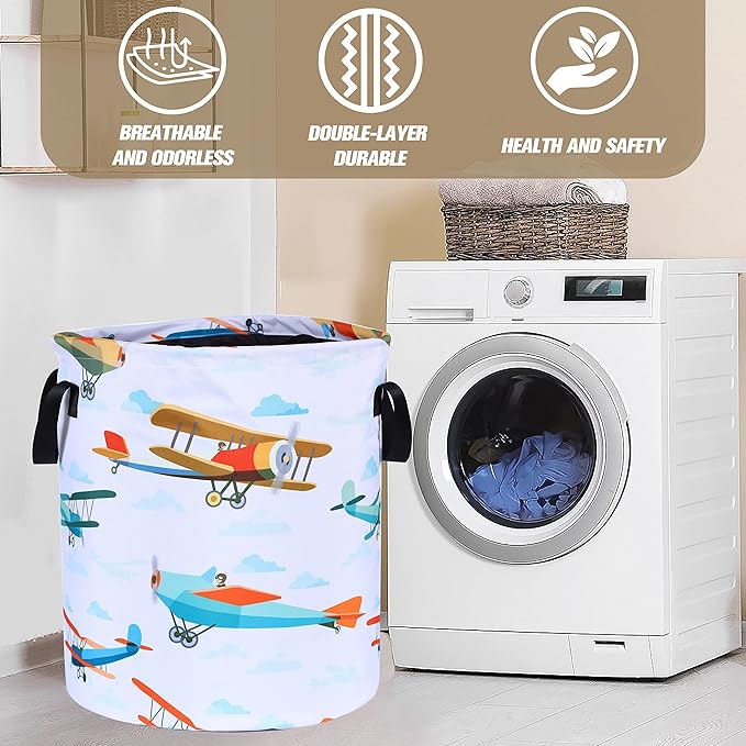 Funny Plane Laundry Basket Foldable Oxford Cloth Tote Bag Laundry Hamper Clothes Storage Bucket Organizer For Bathroom/Laundry Storage/Bedroom Storage Basket 17.7x13.7 Inch