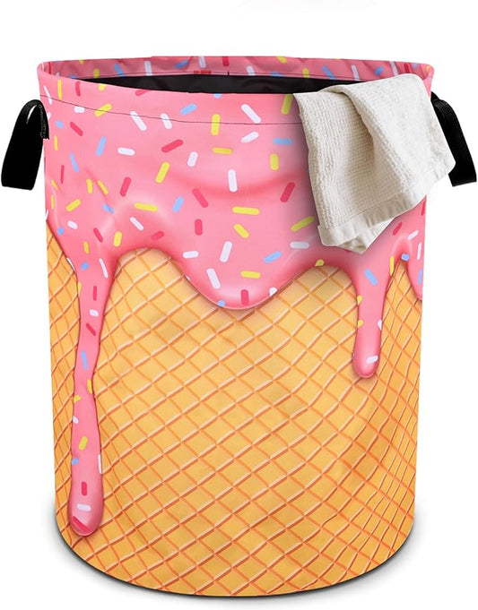 Pink Ice Cream Laundry Basket Foldable Oxford Cloth Tote Bag Laundry Hamper Clothes Storage Bucket Organizer For Bathroom/Laundry Storage/Bedroom 19.6x15.7 Inch