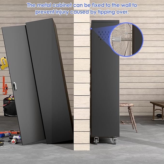 SUXXAN Broom Closet Storage Cabinet with Wheels 61.6"x 27.5"x11.7", Metal Cleaning Cabinets with Hooks and Hanging Rods, Lockable Cabinet with Pegboard, Adjustable Shelf,for Garage, Laundry Room