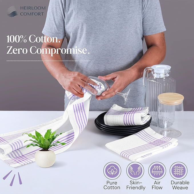 Lavender and White Kitchen Towels 3 Pack, 16x26 Inch, 100% Cotton Waffle Weave, Super Absorbent, Quick Dry, Soft & Durable Dish Towels for Drying, Cooking, Cleaning Tasks