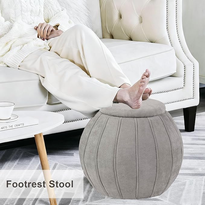 Crestview Collection 18" Foot Stool Ottoman, Round Storage Ottoman Removable Seat, Fabric Round Foot Rest, Vanity Stool, Extra Seating for Living Room, Bedroom, Entryway (Taupe)