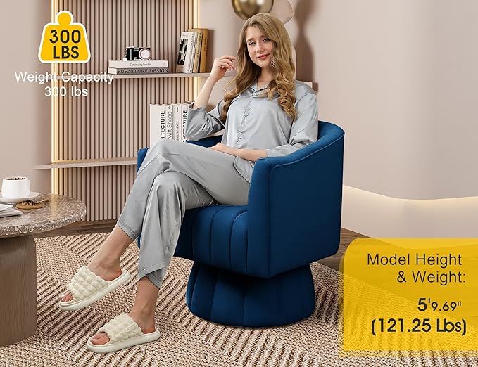 Accent Chair Mid Century 360 Degree Swivel Chair,Modern Lounge Sofa Round Barrel Chair with Wide Upholstered,Fluffy Velvet Fabric Chairs for Home Sofa Living Room/Bedroom/Waiting Room(Navy)