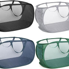 4 Pack Durable Collapsible Laundry Baskets, Mesh Foldable Laundry Basket, Pop Up Laundry Hamper with Pocket, Clothes Hamper with Reinforced Handles for Laundry, Bathroom, Kids Room, Dorm or Travel