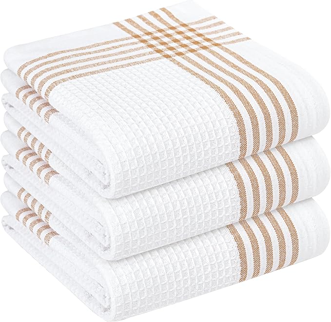 Brown and White Cotton Kitchen Towels 3 Pack, Waffle Weave, 16x26 Inch, Super Absorbent, Reversible, Quick Dry Dishcloths for Drying Dishes, Cleaning, Reusable, Everyday Use