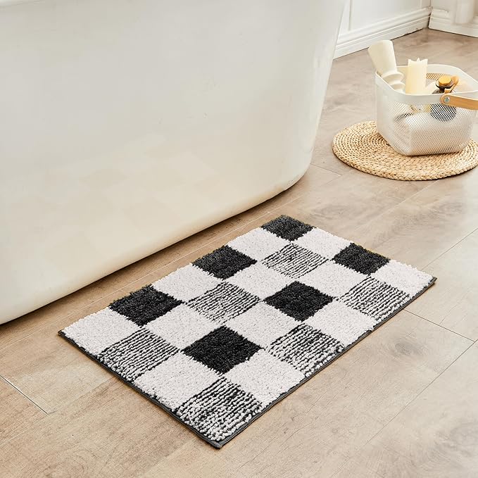 CozeCube Bath mats for Bathroom Non Slip, Fluffy Absorbent Microfiber Bath mat Washable, Aesthetic Bathroom Rugs, Large Jet Black Checkered Bath mat, Jet Black, 36" x 24"