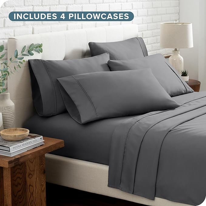 Bare Home Hotel Luxury Queen Sheet Set, Extra Soft - 6 Piece Set - Deep Pockets - Easy Fit - Cooling & Breathable - Wrinkle, Fade, Stain Resistant - Includes 4 Pillowcases (Queen, Grey)