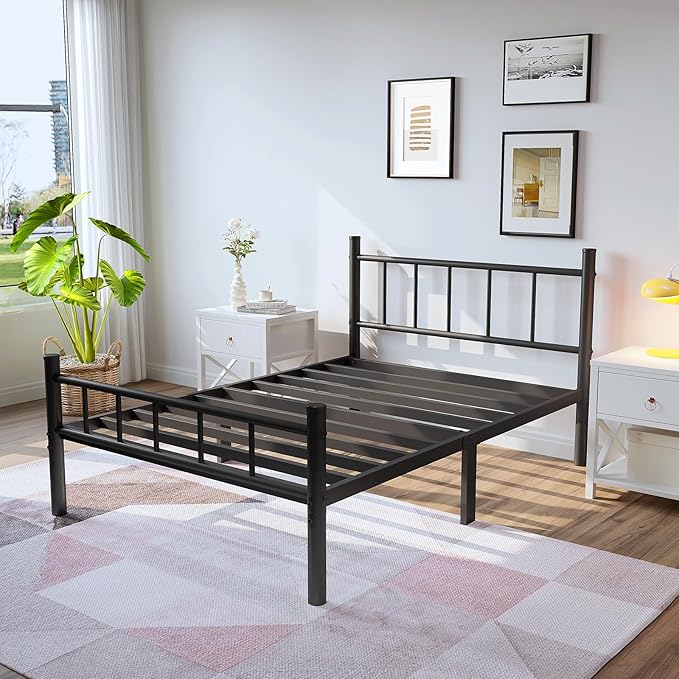 zizin Twin-XL Size Metal Bed Frame with Headboard & Footboard 14 Inch Metal Platform Mattress Foundation Support with Steel Slat, Under Bed Storage, No Box Spring Needed