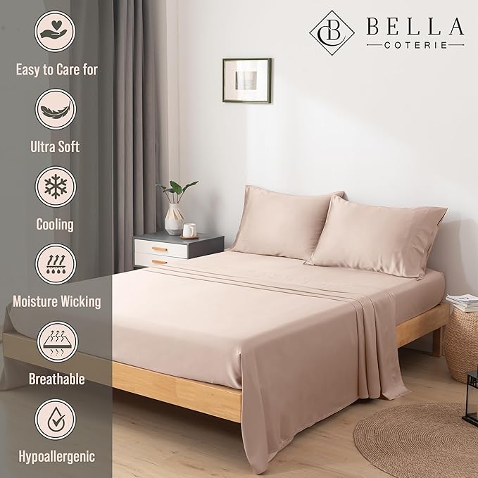 Bella Coterie Luxury Bamboo Viscose Full Size Sheet Set | 100% Organically Grown | Ultra Soft | Cooling for Hot Sleepers | 18" Deep Pocket [Dusty Rose] BC
