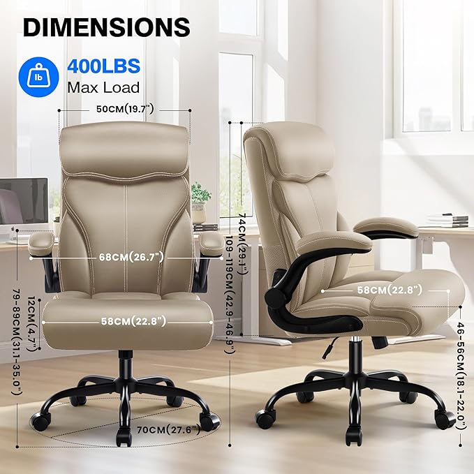 Office Chair - Executive High Back Breathable Comfy Desk Chair with Lumbar Support - Ergonomic Leather Rolling Swivel Computer Chair with Rock Function for Working Studying Gaming Relaxing