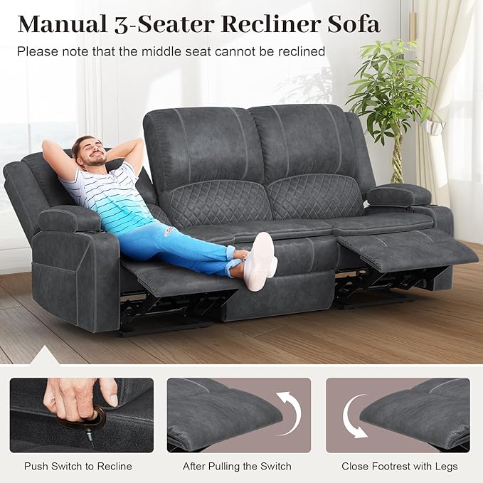 3-Seater Recliner Sofa, Manual Reclining Couch with Multi-Functional Middle Seat, Reclining Sofa for Living Room with Hidden Storage Space, Cup Holders, and Removable Console - Velvet Grey
