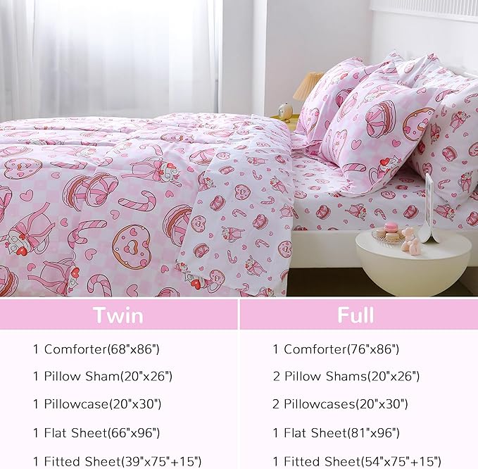 Viviland Kids Twin Bedding Sets for Girls, Soft Twin Comforter Set with Sheets, 5 Pieces Microfiber Bed in a Bag, Pink Dessert Cake