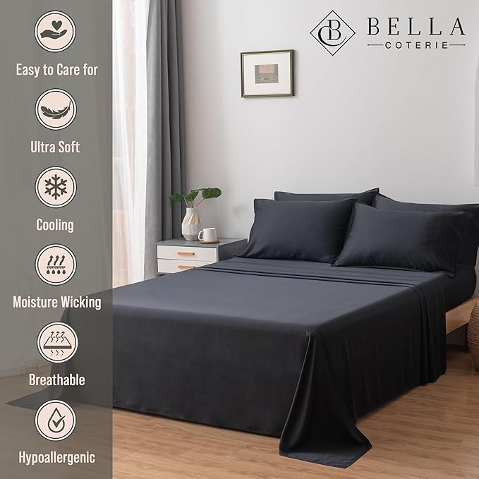 Bella Coterie 7 Piece Luxury Bamboo Viscose Split King Size Sheet Set | 2 Fitted Sheets for Adjustable Beds | 100% Organically Grown | Cooling for Hot Sleepers | 4 Pillowcases [Black]