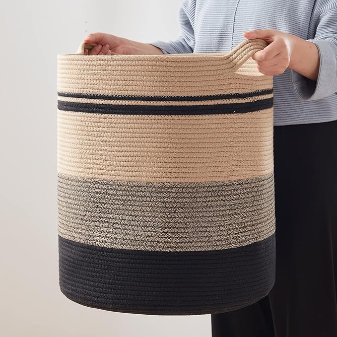 OIAHOMY 80L Laundry Baskets-Laundry Hamper,Storage Basket with Handles,Decorative Basket for Living room,Woven Storage Basket for Toys Bin,Pillows, Blankets,Clothes-20x18in-Yellow Black