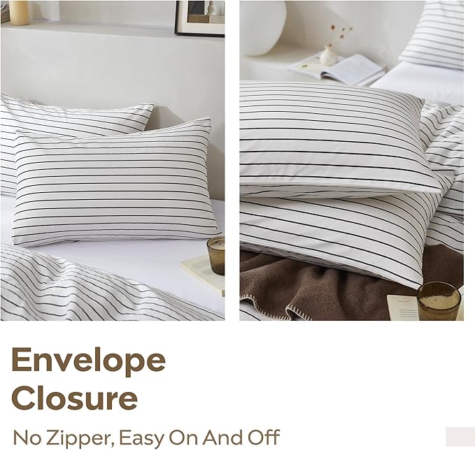 JELLYMONI 100% Natural Cotton 3pcs Striped Duvet Cover Sets, White Duvet Cover with Thin Black Stripes Pattern Printed Comforter Cover, with Zipper Closure & Corner Ties(Full Size)