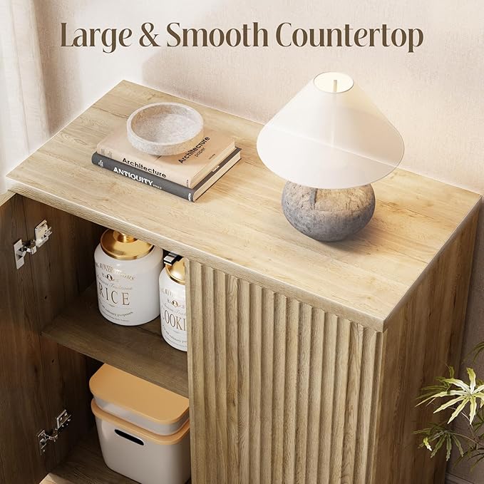 Fluted Buffet Cabinet Sideboard with Storage,Wooden Credenza with 2 Doors&Adjustable Shelve, Modern Accent Cabinets Coffee Bar Bookcase for Living Room,Kitchen Dining Room Entryway 15"D Natural Oak