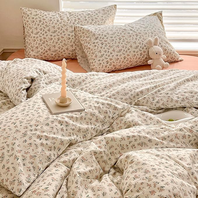 HighBuy Boho Cotton Floral Duvet Cover Twin White Coquette Bedding Comforter Quilt Duvet Covers with Pink Floral,Garden Floral Bedding Set Twin Lightweight Soft Cottagecore Duvet Cover Sets Cute