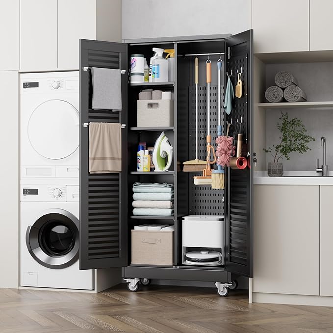 SUXXAN Broom Closet with Wheels 71"x 31.5"x15.75", Metal Cleaning Cabinets with Louvered Doors Hooks and Hanging Rods, Lockable Cabinet with Pegboard, Adjustable Shelf,for Garage, Laundry Room