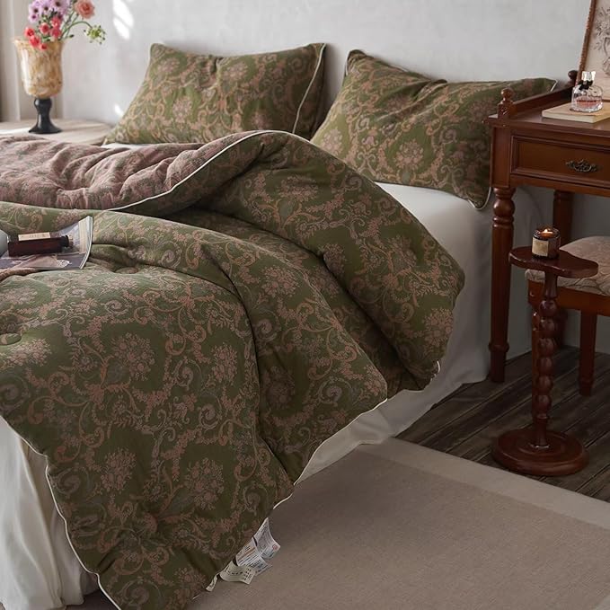 MKXI Floral Linen Comforter Set Full Army Green Vintage Paisley Comforter Bedding for Neutral Bedroom Rich Rust Jacquard Floral Bed Comforters for Men Women Cotton Yarn-Dyed Textured Soft Lightweight