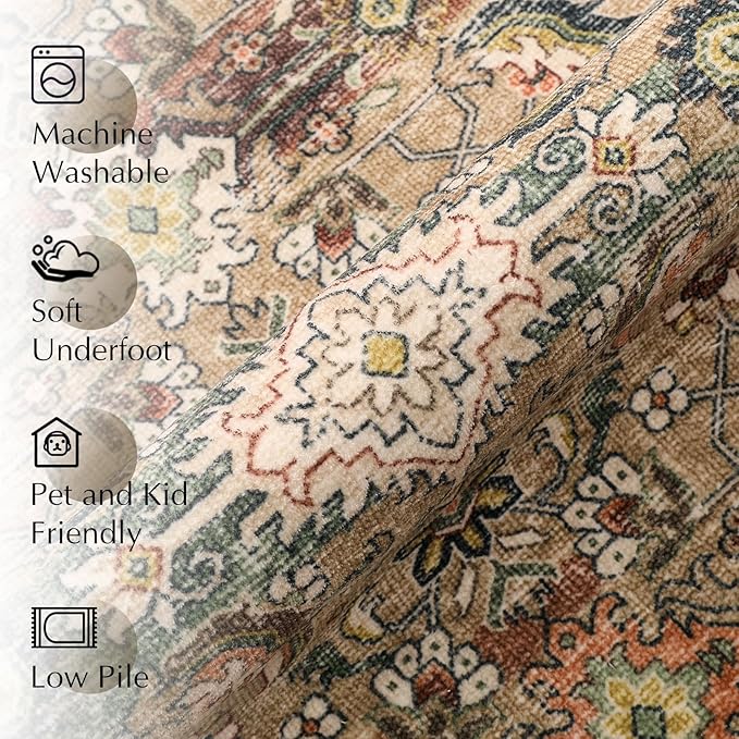 6x9 Washable Area Rug Brown Vintage Distressed Living Room Bedroom Large Throw Rug Non Slip Low Pile Soft Accent Indoor Floor Carpet for Dining Room Office Entryway Kitchen