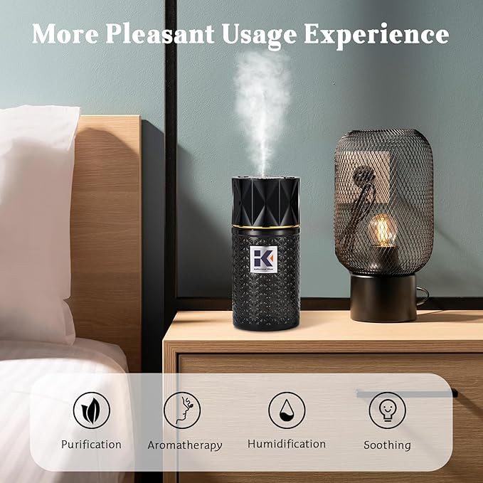 Ikeda Wireless Essential Oil Diffuser, Mini Negative Ion Mist Humidifier with Night Light & Auto Shut-Off, 250mL Ebony Scent for Room, Home, Car&Office