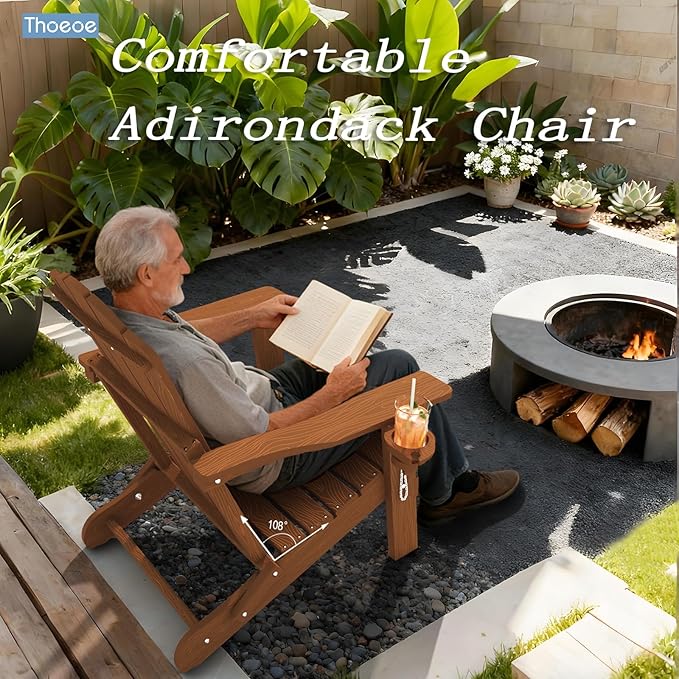 Adirondack Chair Set of 2, Folding All-Weather Outdoor HDPE Patio Chair with Cup Holder, Wood