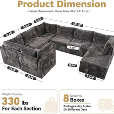 Large 8 Seat Modular Sectional Sofa with Ottoman Seat Corduroy Sleeper Sectional Sofa Bed Oversized Convertible Modular Couch for Living Room