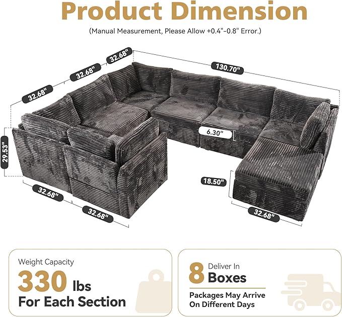 Large 8 Seat Modular Sectional Sofa with Ottoman Seat Corduroy Sleeper Sectional Sofa Bed Oversized Convertible Modular Couch for Living Room