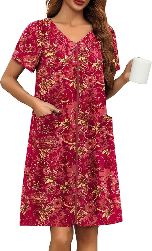 Ekouaer Women Robe Zipper Front Mumu Duster Robes Zip Up Housecoat Soft Sleepwear with Pockets