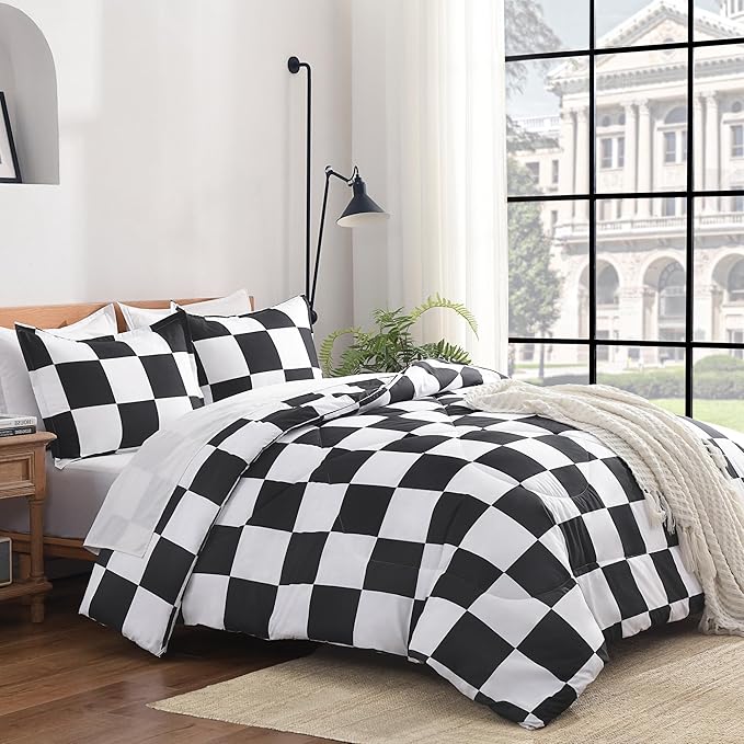 Andency Checkered Comforter King(104x90Inch), Black White Plaid Gingham Bed Set for Teen Boys Kids, Lightweight Microfiber Geometric Preppy Bedding, 3 Pieces