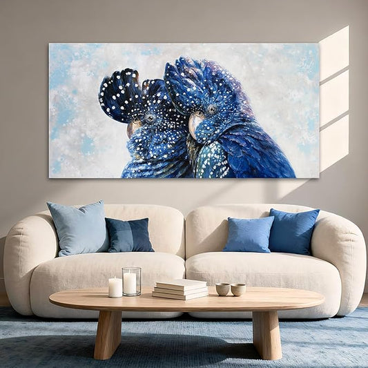 YETHEN WAL Blue Parrot Wall Art, Extra-Large Blue Bird Canvas Print, Cobalt Textured Animal Artwork for Living Room Bedroom Hallway, 24×48 Inch