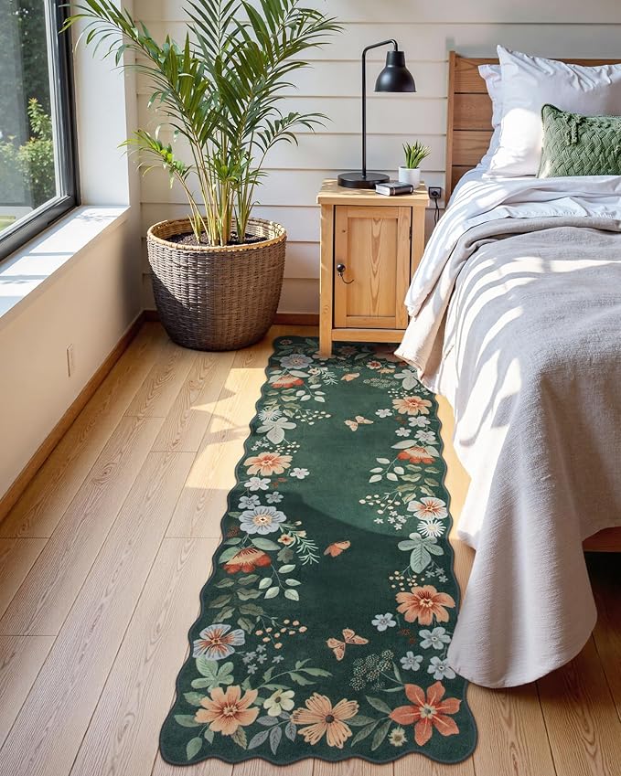 Lahome Floral Kitchen Runner, 2x5 Rug Runners for Hallways Non Slip Ultra-Thin Soft Non Slip Washable Runner Low-Pile Stain Resistant Boho Carpet for Bathroom Bedroom(2x5ft,Dark Green)