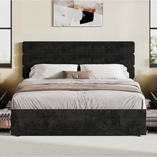 WLIVE Queen Size Upholstered Bed Frame with 4 Storage Drawers and Headboard, Velvet Platform Bedframe, Sturdy Metal & Wooden Slats Support, No Box Spring Needed, Easy Assembly, Black