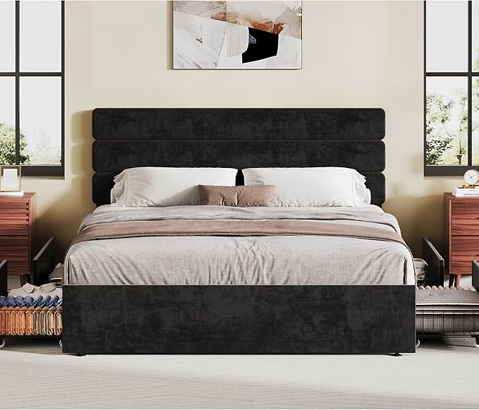 WLIVE Queen Size Upholstered Bed Frame with 4 Storage Drawers and Headboard, Velvet Platform Bedframe, Sturdy Metal & Wooden Slats Support, No Box Spring Needed, Easy Assembly, Black