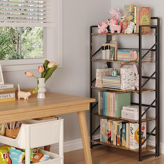 JSB Folding Bookshelf,Industrial Storage Shelves, No Assembly Vintage Wood Look Bookshelf with Storage Shelves for Living Room, Bedroom, Office (Fire Brown, 5-Tier)