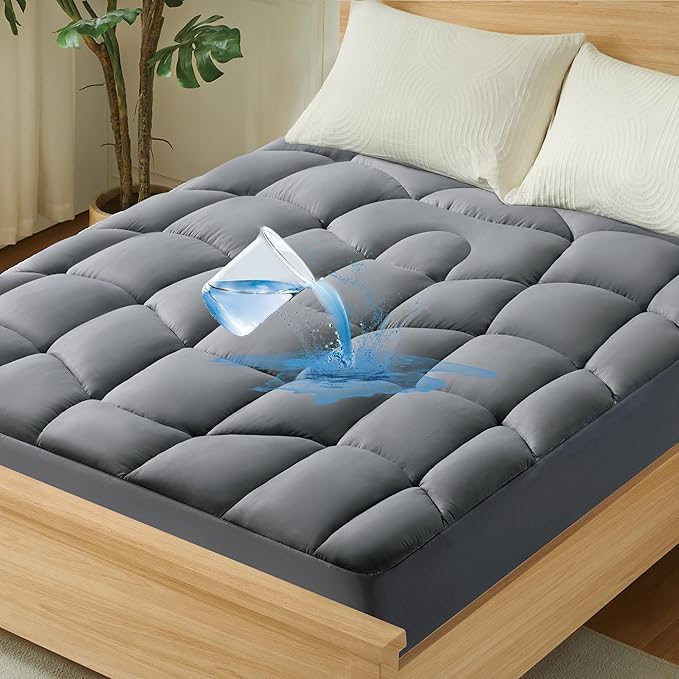 Unikome California King Mattress Pad Waterproof - Ergonomic Quilted Fitted Cal King Mattress Topper, 5-Layers Noiseless Washable Mattress Protector Cover with 8"-21" Deep Pocket (Grey,72x84)