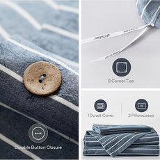 JELLYMONI Washed Cotton Duvet Cover Queen Size – Breathable & Cozy Bedding Set for Modern Homes, Dorms & Guest Rooms, Blue Striped Comforter Cover with Button Closure, 1 Duvet Cover & 2 Pillowcases