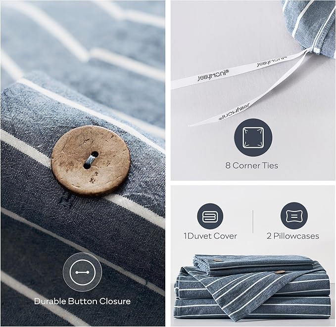 JELLYMONI Cotton Duvet Cover King Size - Blue Pinstriped Comforter Cover with Button 100% Washed Cotton 3PCS Breathable Soft Solid Bedding Set Duvet Cover 104×90in & 2 Pillowcases (NO Comforter)