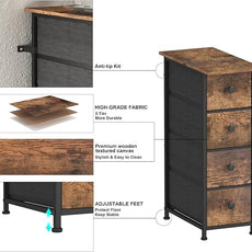 GiftGo Narrow Dresser Vertical Slim Dresser Chest of Drawers Skinny Storage Tower for Small Spaces Gaps Closet Bedroom Bathroom Small Fabric Drawer Unit (Rustic Brown, 4 Drawers)
