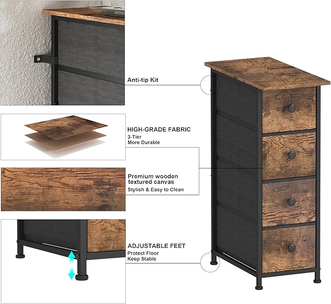 GiftGo Narrow Dresser Vertical Slim Dresser Chest of Drawers Skinny Storage Tower for Small Spaces Gaps Closet Bedroom Bathroom Small Fabric Drawer Unit (Rustic Brown, 4 Drawers)