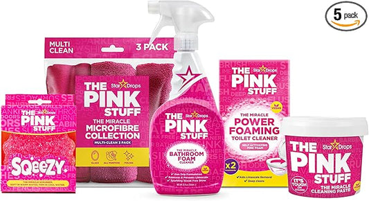 Stardrops - The Pink Stuff Bathroom Cleaning Kit – Cleaning Paste, Bathroom Foam Spray, Toilet Foaming Powder, SQeeZY Sponge & 3 Microfiber Cloths – Tough on Stains, Grease & Soap Scum