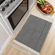 Lahome Boho Bathroom Rugs, Small 2x3 Front Door Mat Lightweight Kitchen Rug Woven Cotton Area Rug with Tassels, Farmhouse Washable Black and White Throw Rug Low Pile Carpet for Entry Laundry
