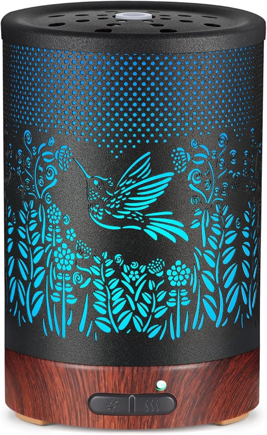 Metal Essential Oils Diffuser 150ML Aromatherapy Diffuser Cool Mist Humidifier with 7 Colors Lights Waterless Auto Off Air Diffusers as Gifts for Moms Women Girls (D-Hummingbird)