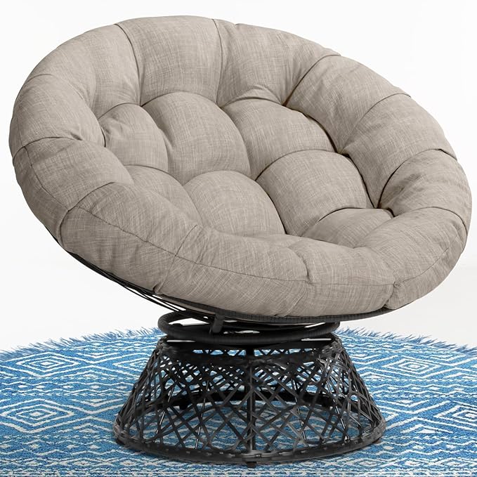 Bme 40" Ergonomic Wicker Papasan Chair with Soft Thick Cushion & Frame, 360° Swivel Papasan Chair, Circle Chair, Reading Chair, Chair for Living Room, Bedroom, Silver Cloud - Black Frame