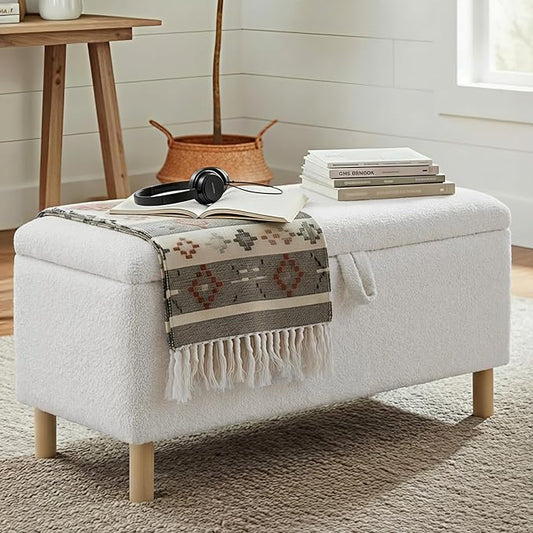 Ottoman with Storage, Storage Ottoman Bench, Entryway Bench, End of Bed Bench with Wood Legs for Bedroom, Living Room, Cream
