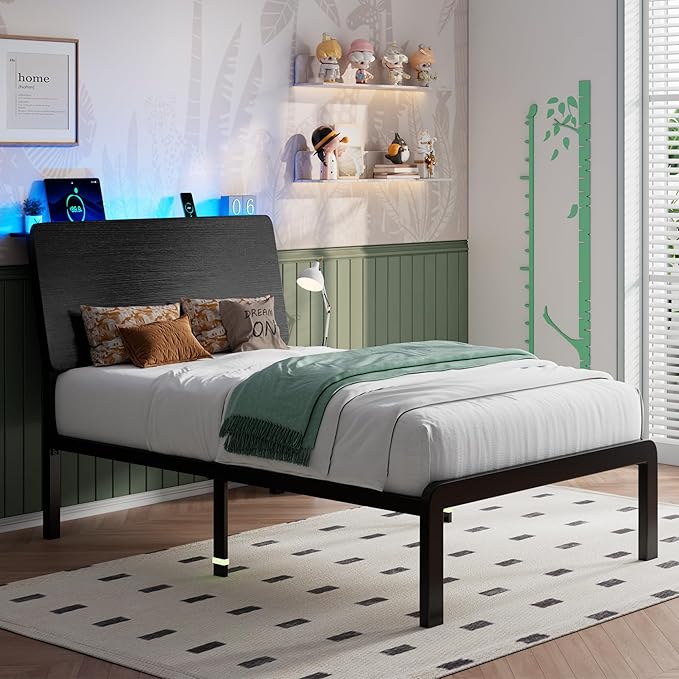 iPormis Metal Twin Bed with Ergonomic Wooden Headboard, Platform Beds with LED Lights and Charging Station, Sturdy Steel Slats Supports, No Box Spring Needed, Noise-Free, Easy Assembly, Black