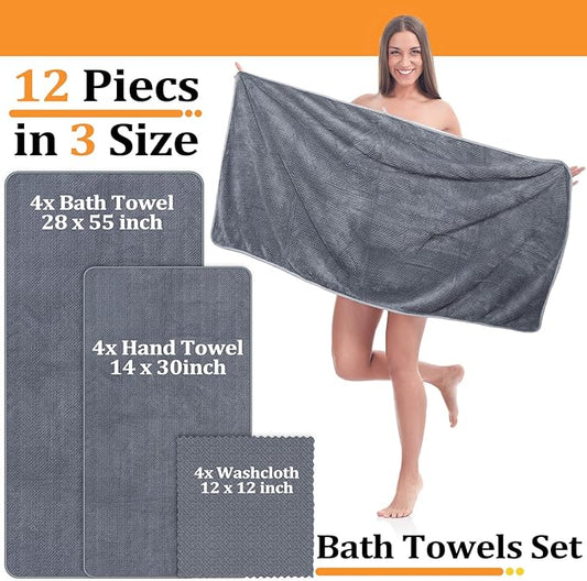 Preboun 12 Pcs Bath Towels and Washcloths 4 Sets Microfiber Bathroom Beach Pool Towel Set Quick Dry Coral Velvet Highly Absorbent for Fitness Sports Shower Travel Spa Hotel(Warm Color)